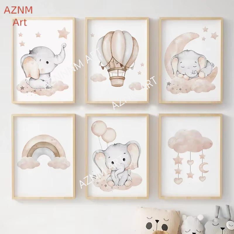 Baby Nursery Posters - ملصقات جدارية للأطفال بتصميم الفيل والبالونات