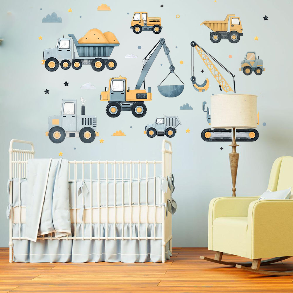 Baby Nursery Vinyl - مجموعة مركبات حفارة كرتونية ملصق حائط