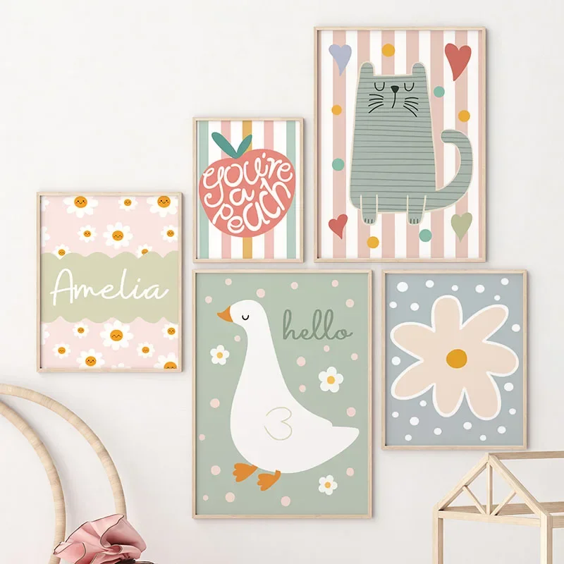 Baby Nursery Posters - الكرتون القط بطة الطيور التفاح مخصص