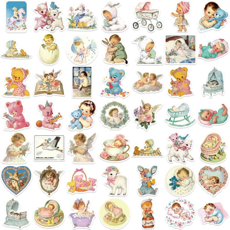 Baby Nursery Vintage - 50 قطعة ملصقات أطفال عتيقة لطيفة