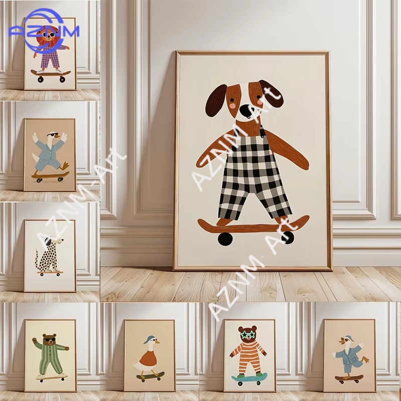 Baby Nursery Posters - لوحة فنية مضحكة لحيوانات تمارس التزلج،